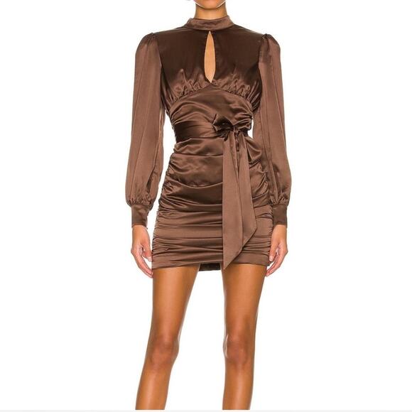 MAJORELLE Dresses & Skirts - Majorelle Brown Satin Bristol Long Sleeve Mini Dress Womens L Mob Wife Cocktail